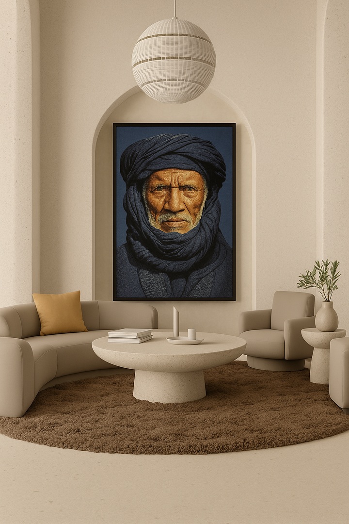 Wandpaneel - schilderij Tuarag Man Blauw Geweven met lijst