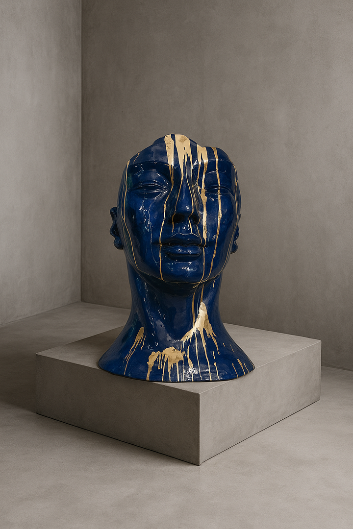 Luxe Sculptuur Hoofd – Blauw met Gouden Spetters – 120 cm