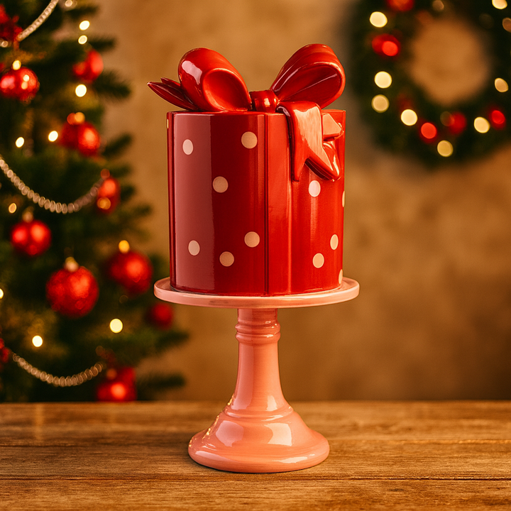 Kerst taartenplateau met stolp — luxe strik & stippen