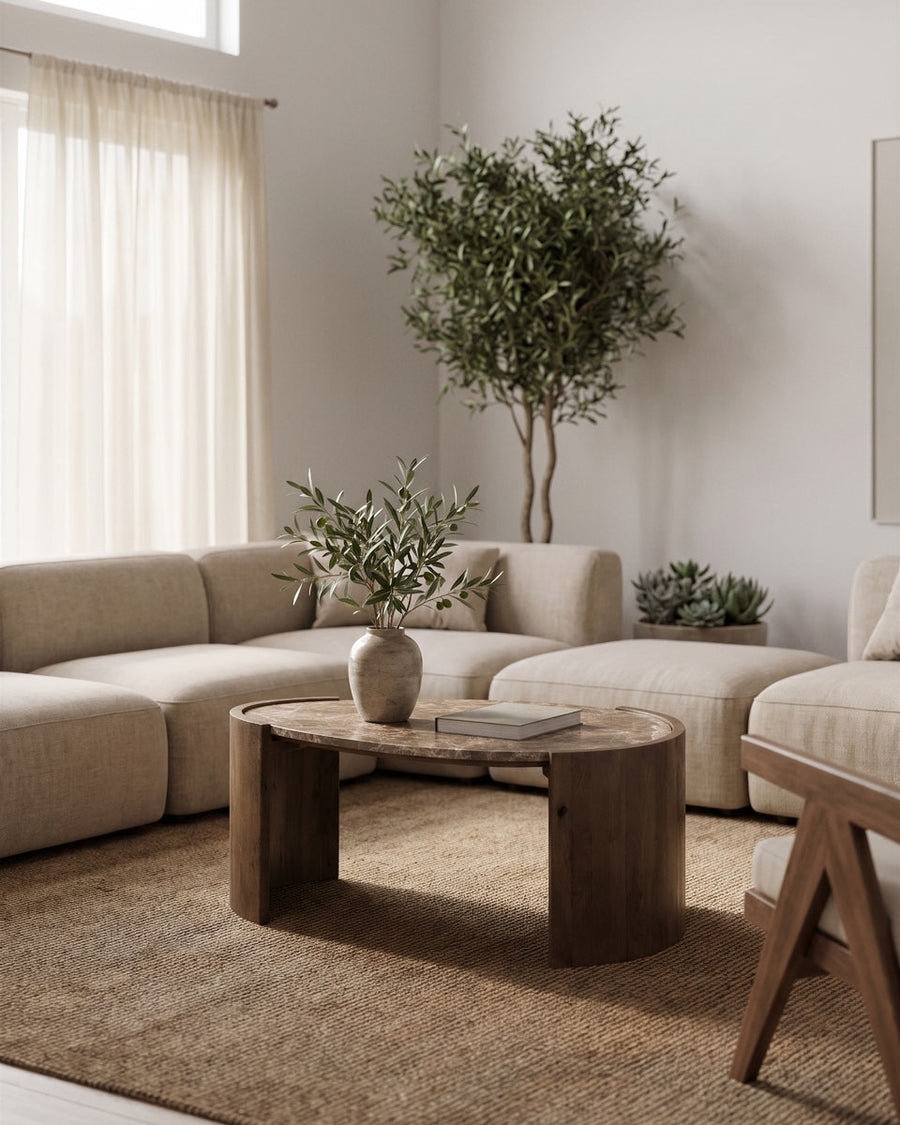 Salontafel Niklas large – mangohout & Emperador marmer