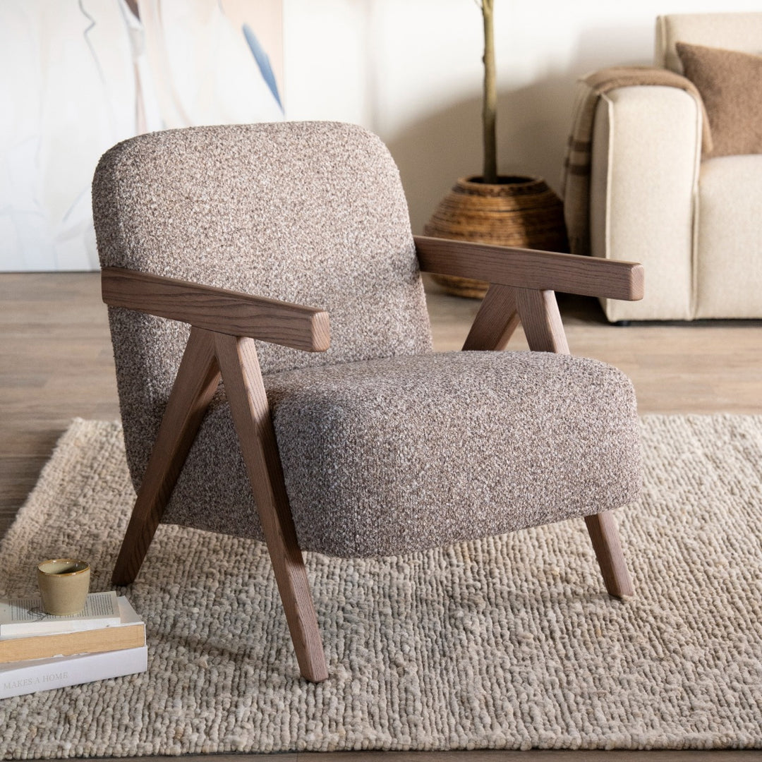Fauteuil Francis – stof & essenhout taupe flou