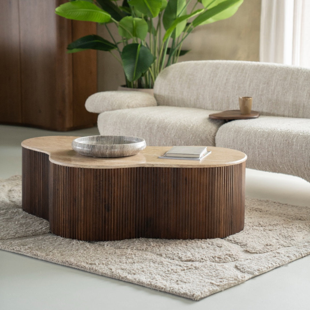 Salontafel Mari – mangohout & travertin bruin 129x84x36cm