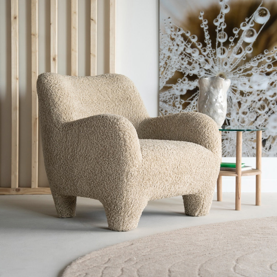 Fauteuil Shaun – stof & hout taupe sheep