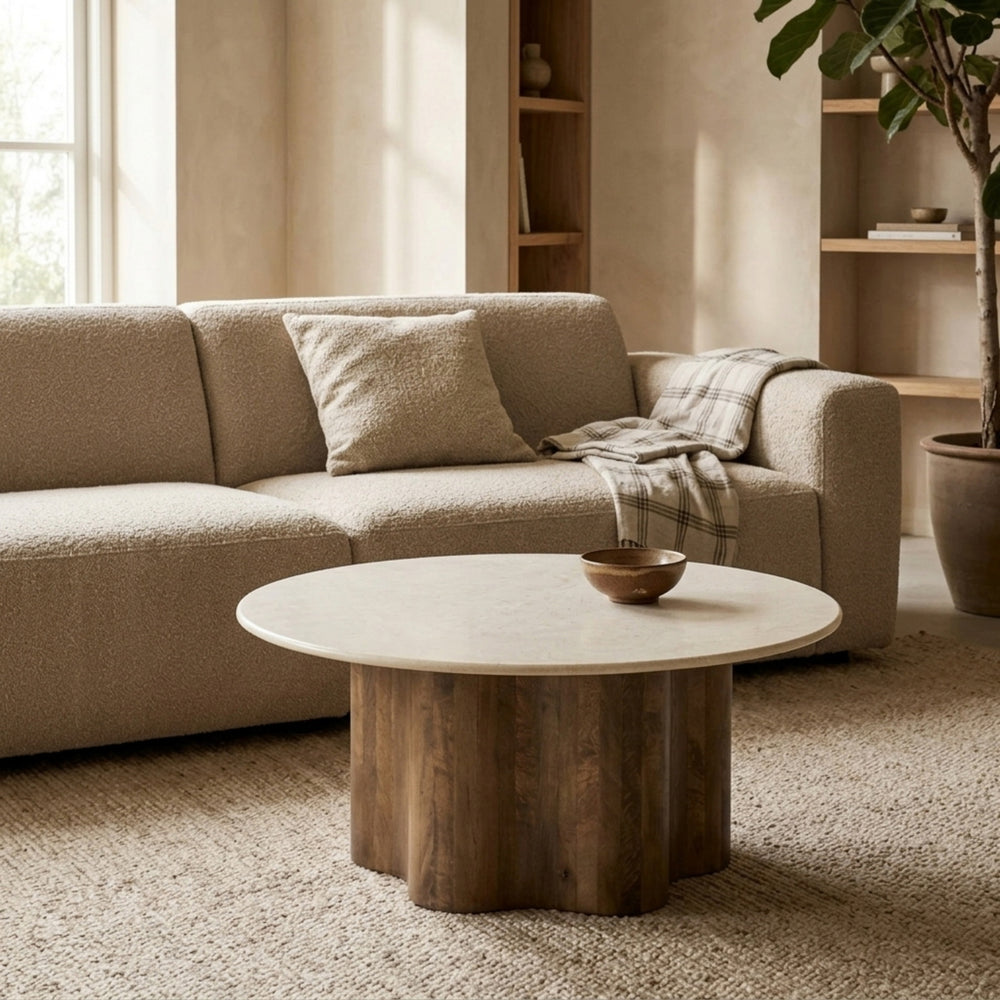 Ronde salontafel Bodhi met Botochino stenen blad en mangohout onderstel – Eleonora