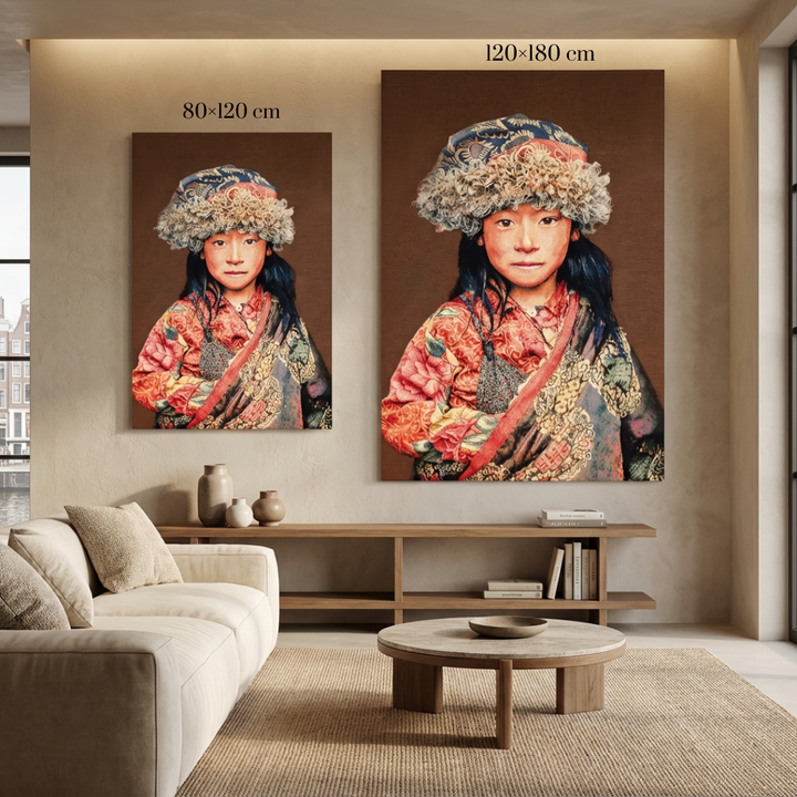 Tibetaanse Meisje Taupe – Geweven Gobelin Wanddecoratie Zonder Lijst