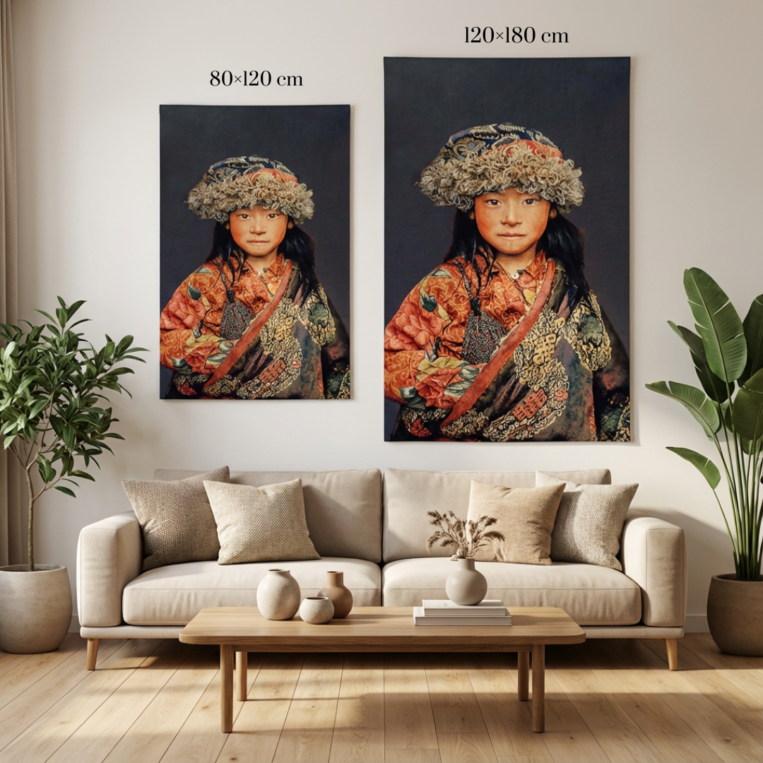 Tibetan Child Blue – Geweven Wandkleed Zonder Lijst