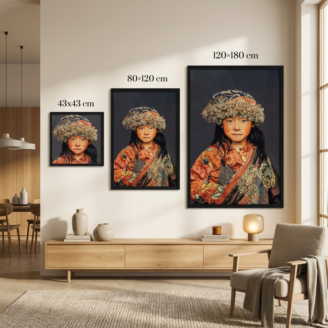 Tibetan Child Blue – Gobelin Wanddecoratie Met Lijst | Luxe Geweven Kunstwerk