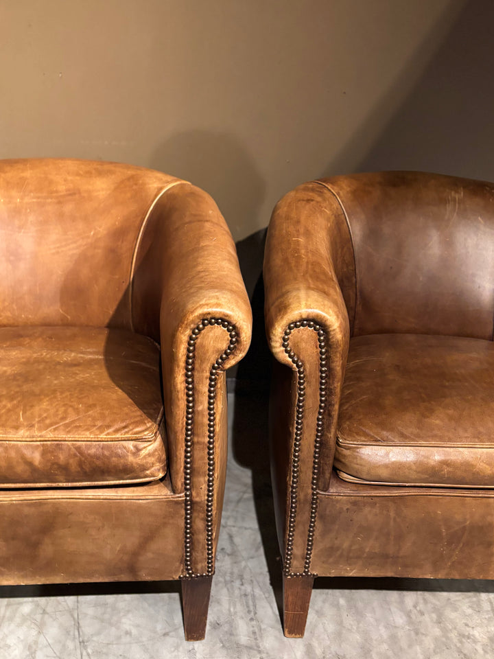 Cognac Bruine Runderleren Clubfauteuils - vintage