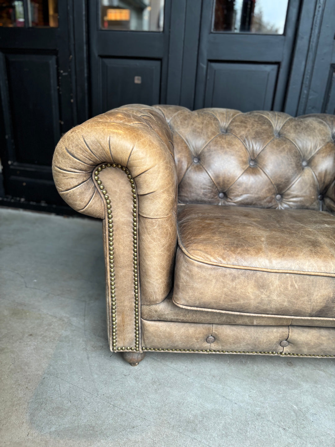 Chesterfield Clubfauteuil Cognac /Grijs / Taupe kleur Leer