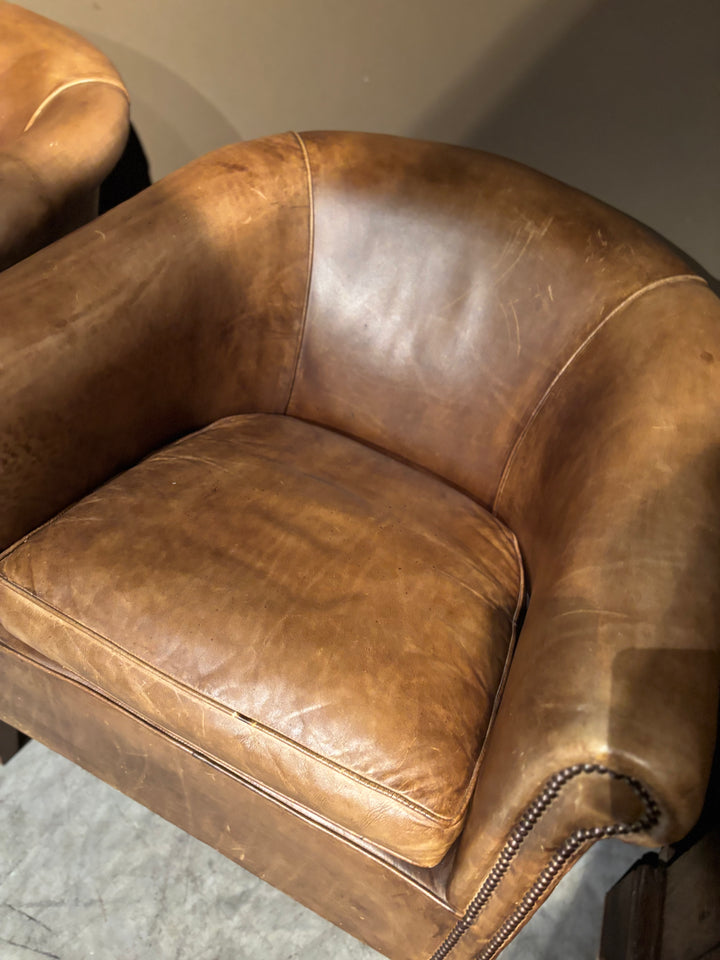 Cognac Bruine Runderleren Clubfauteuils - vintage