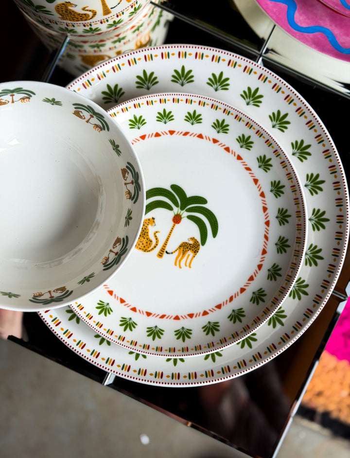 Complete servies set – dinerbord, ontbijtbord, & kom met palm  design