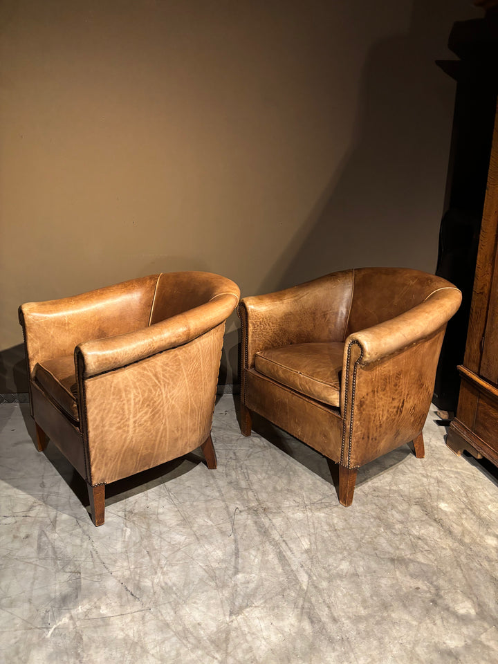 Cognac Bruine Runderleren Clubfauteuils - vintage