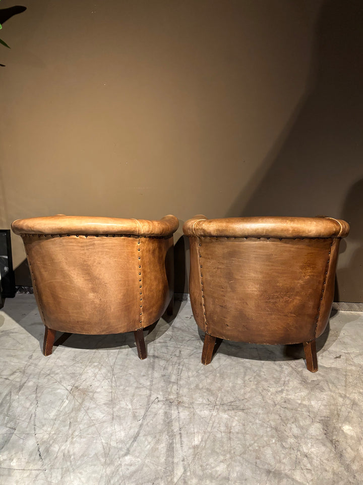 Cognac Bruine Runderleren Clubfauteuils - vintage