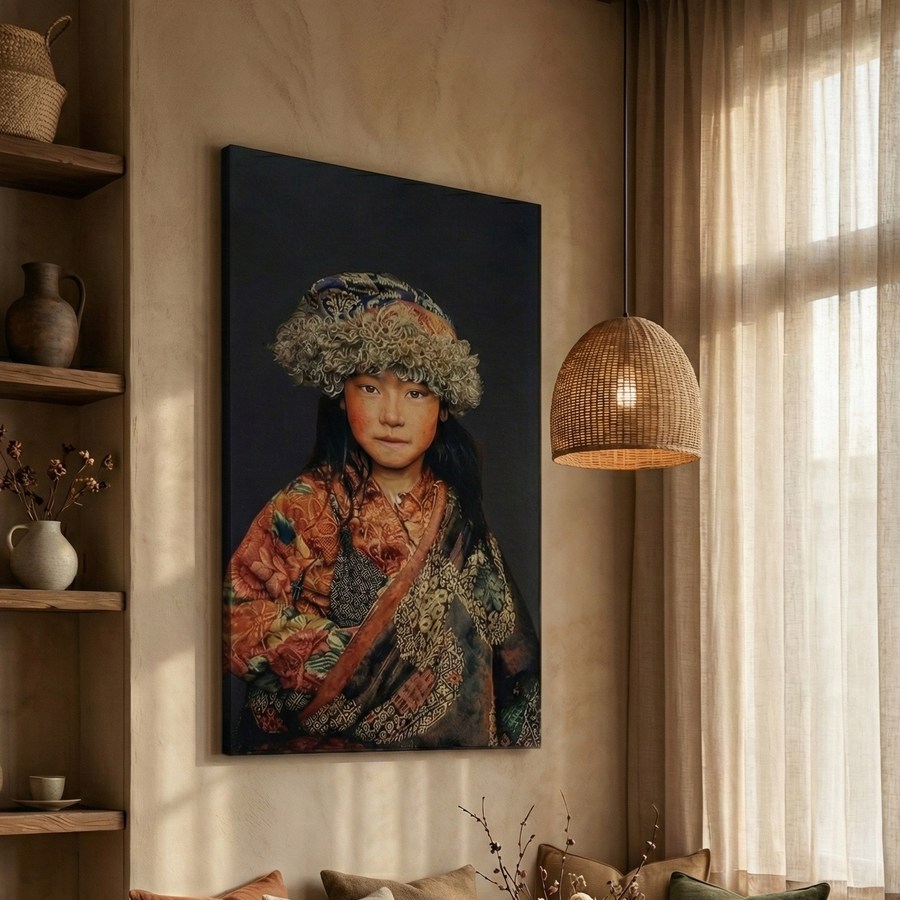 Tibetan Child Blue – Geweven Wandkleed Zonder Lijst