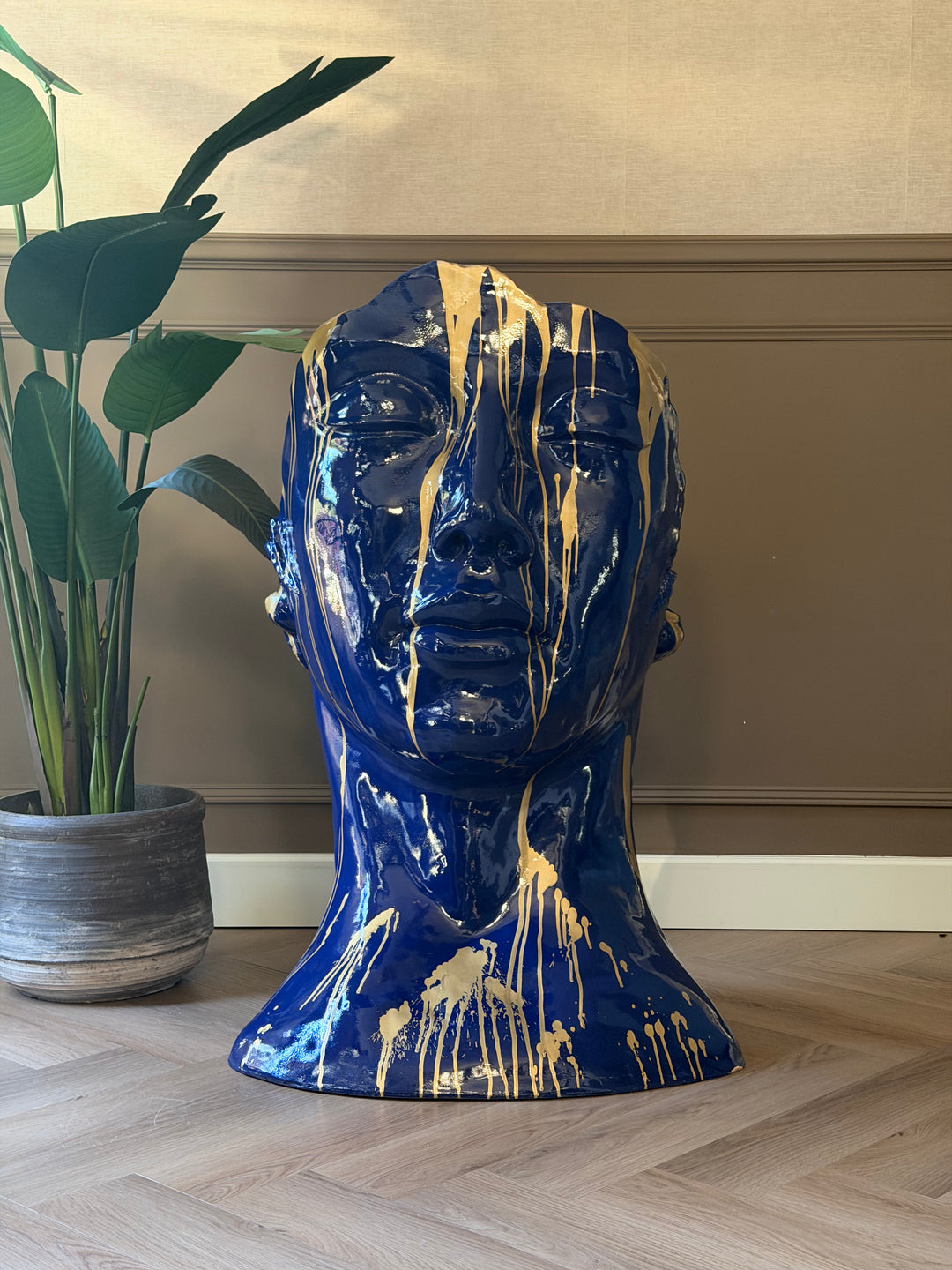 Luxe Sculptuur Hoofd – Blauw met Gouden Spetters – 120 cm