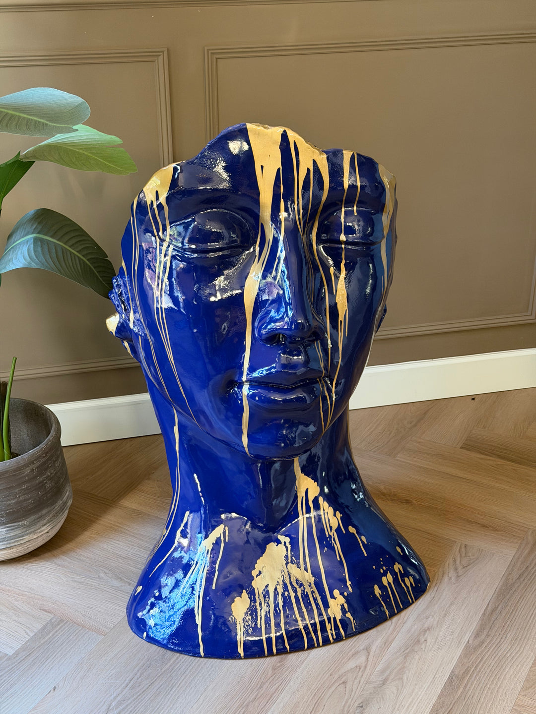 Luxe Sculptuur Hoofd – Blauw met Gouden Spetters – 120 cm