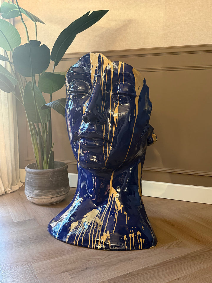 Luxe Sculptuur Hoofd – Blauw met Gouden Spetters – 120 cm