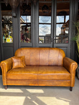 Runderleren 2-zits Bank Cognac – Vintage Leren Bank in Nieuwstaat