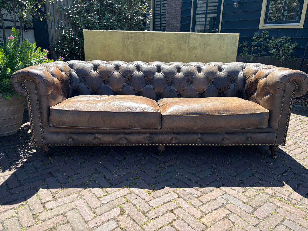 Chesterfield Bank +Fauteuil Taupe-Bruin Leer