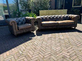 Chesterfield Bankstel Taupe Bruin Leer – Vintage Bank met Fauteuil