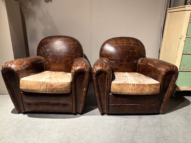2x  Vintage Stoere Fauteuils Craqulee Leer izgs