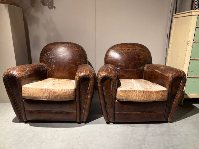 2x  Vintage Stoere Fauteuils Craqulee Leer izgs