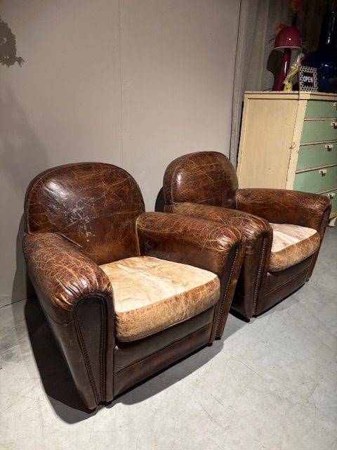 2x  Vintage Stoere Fauteuils Craqulee Leer izgs