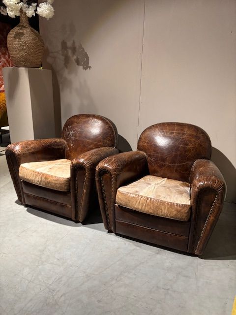 2x  Vintage Stoere Fauteuils Craqulee Leer izgs