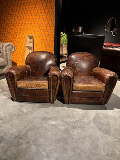 2x  Vintage Stoere Fauteuils Craqulee Leer