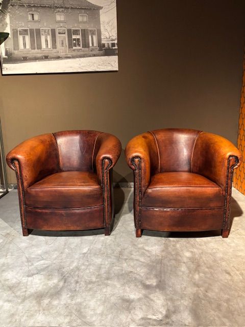 Set van 2 Schapenleren Clubfauteuils Vintage