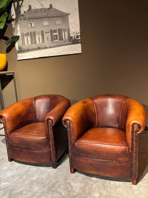 Set van 2 Schapenleren Clubfauteuils Vintage