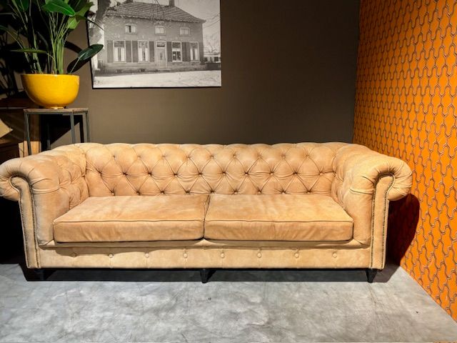 Chesterfield 4 zits Bank Licht Cognac/Naturel kleur Leer 2.40 breed