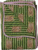 Plaid quilt katoen met tijgerprint groen en paarse rand 140x180 cm