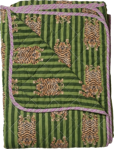 Plaid quilt katoen met tijgerprint groen en paarse rand 140x180 cm