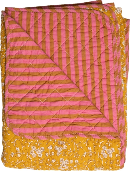 Quilt plaid katoen met bloemetjesdessin geel en roze 140x180 cm
