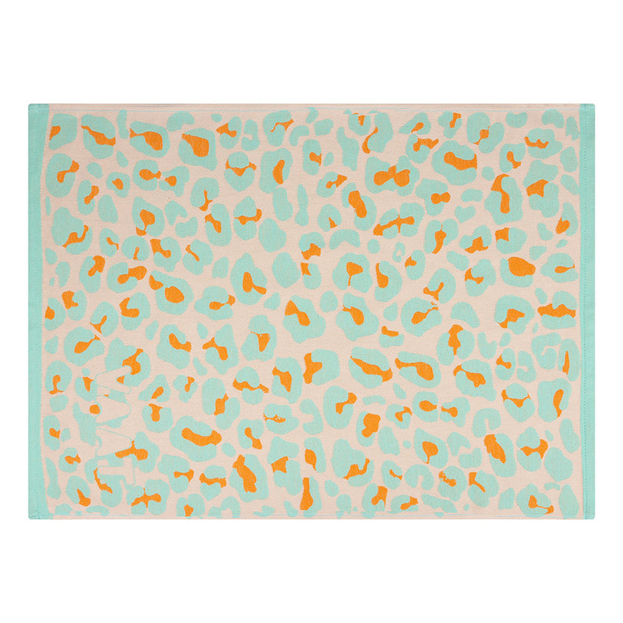 Leopard theedoek turquoise oranje opgevouwen