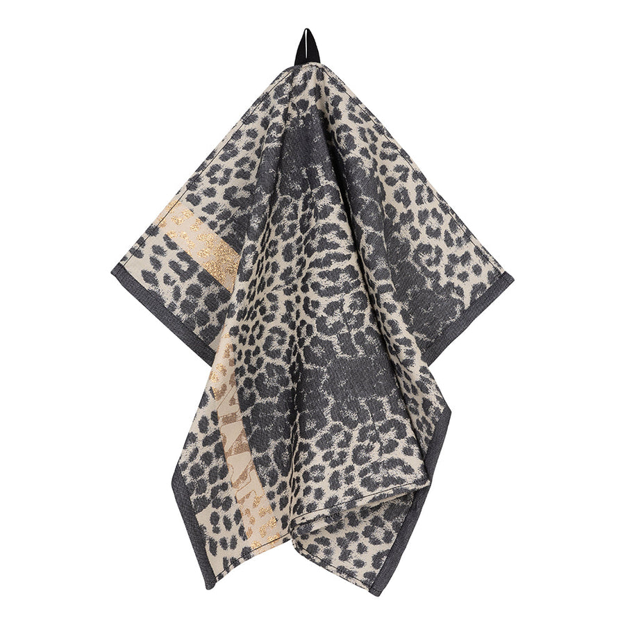 Leopard theedoek zwart zand met gouden lurex bies