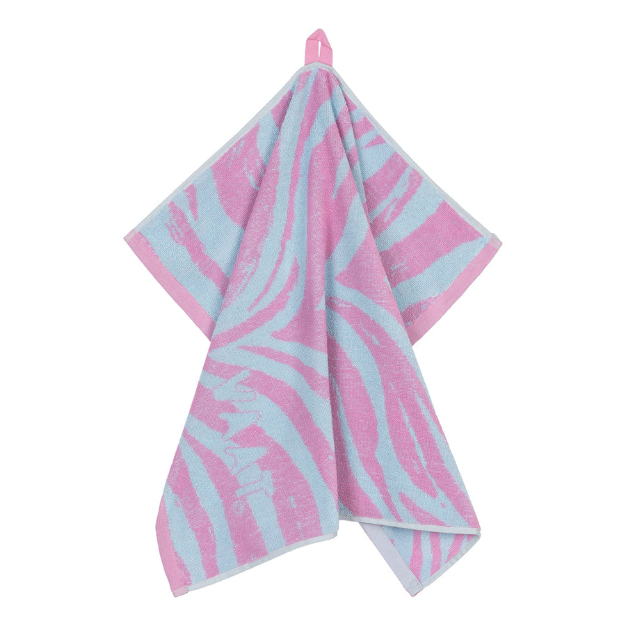 Detail van het geweven zebradessin fuchsia pastelblauw