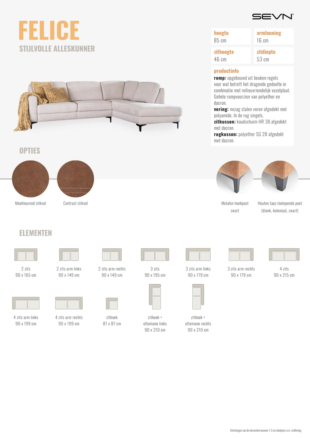 SEVN Hoekbank Felice kleur khaki