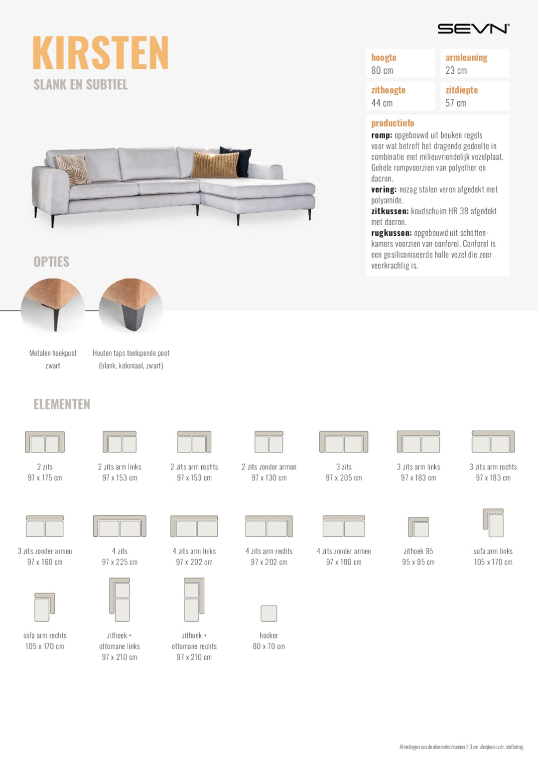 SEVN Loungebank Kirsten Rib, kleur Concrete