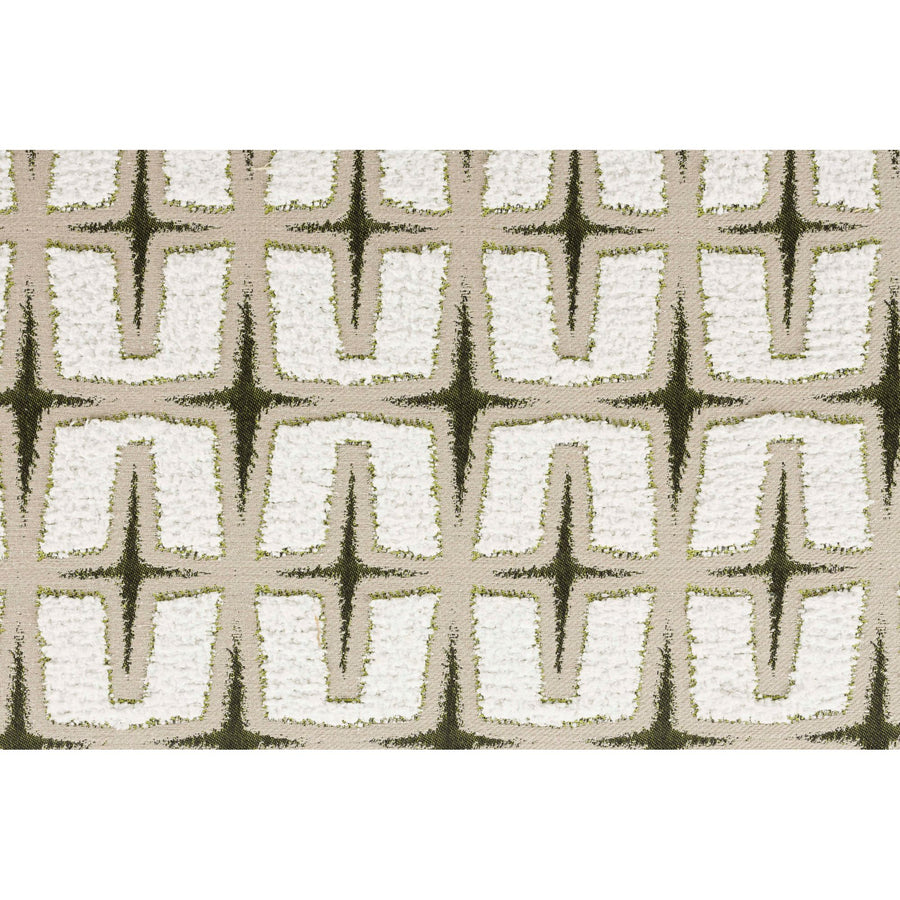 Detail van de groene geweven stof met grafisch patroon