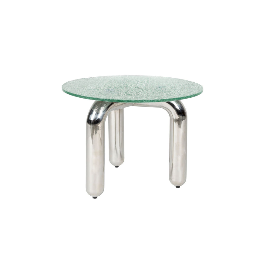 Detail van het rvs onderstel van de Marly bijzettafel