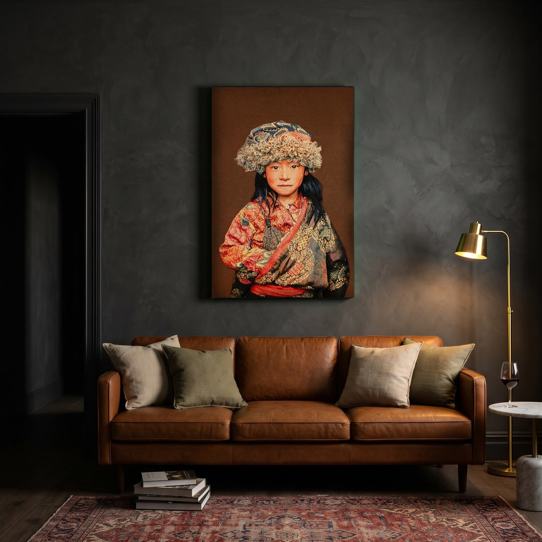 Tibetaans meisje taupe gobelin zonder lijst boven cognac leren bank in warme woonkamer