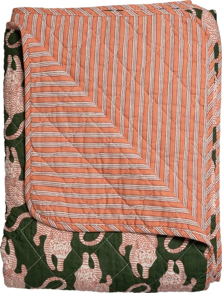 Plaid quilt katoen tijgerprint groen en zalmroze streep 140x180 cm, opgevouwen
