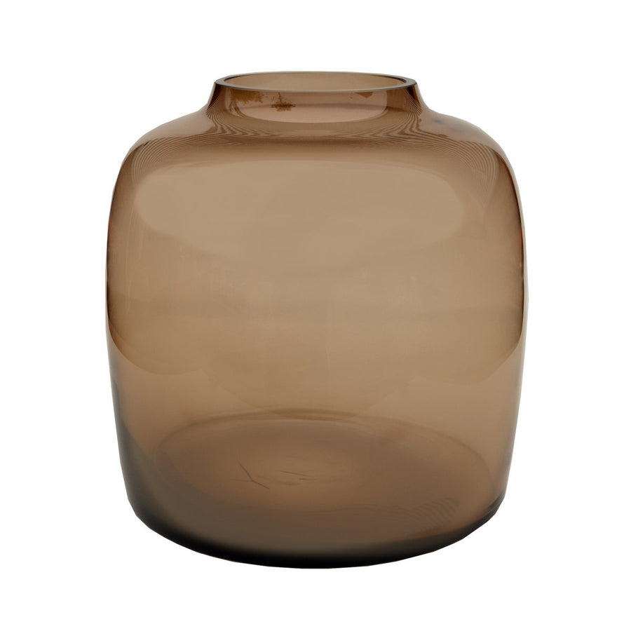 Bartica Taupe vaas – Lage mondgeblazen designvaas in taupe glas