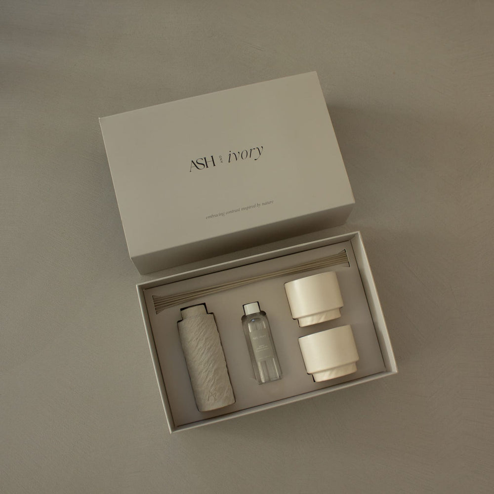 Geurstokje in stenen look met mokjes – Ash & Ivory cadeauset