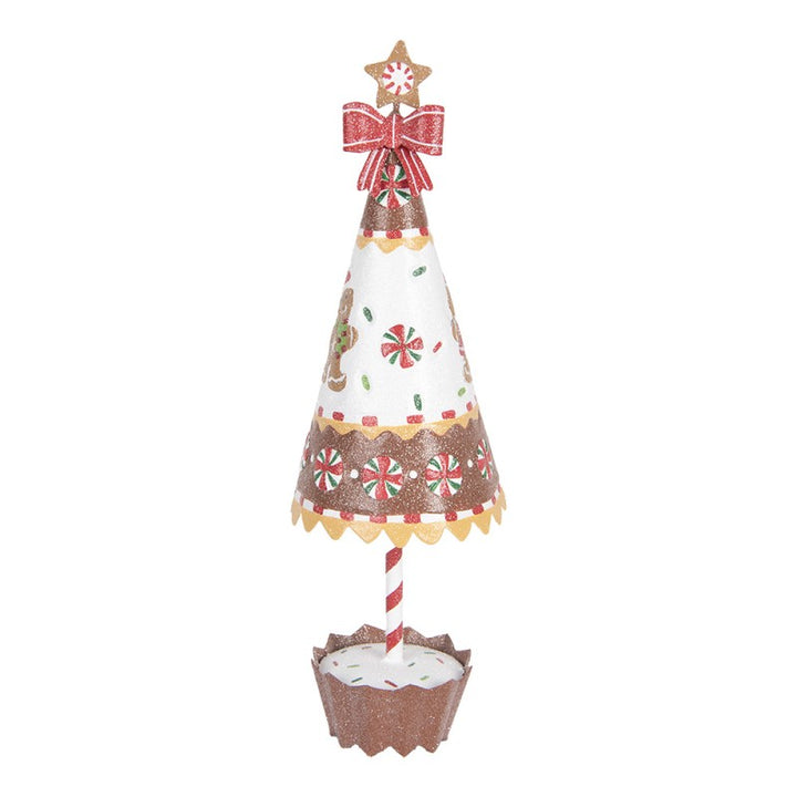 Clayre & Eef Kerstdecoratie Beeld Kerstboom Ø 11x37 cm Bruin Wit Metaal Gingerbread man