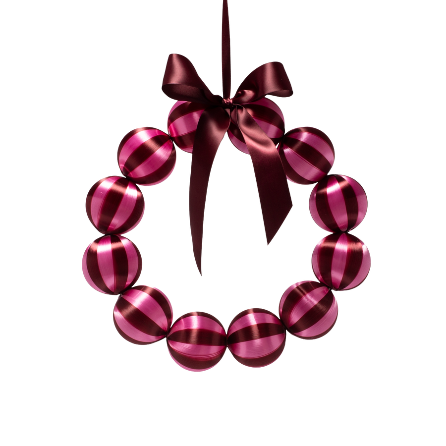 Kerstballenkrans roze/bordeaux 26,5 cm met satijnen strik