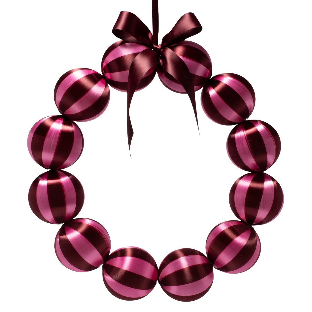 Kerstballenkrans roze/bordeaux 35,5 cm met satijnen strik