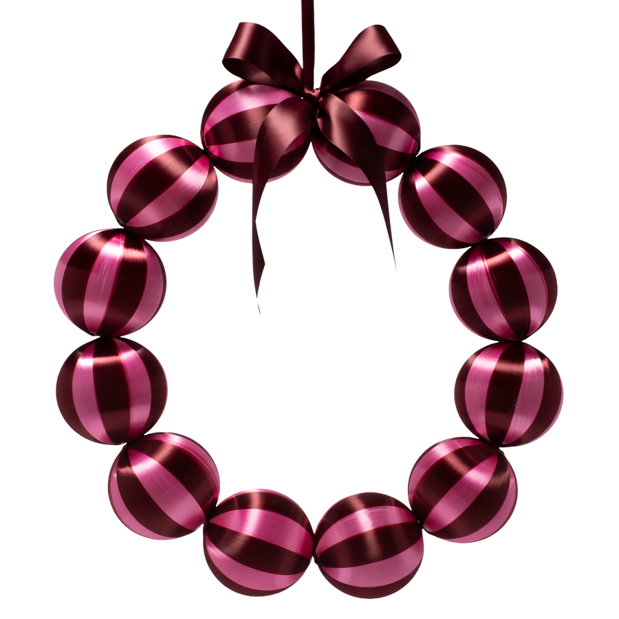 Kerstballenkrans roze/bordeaux 35,5 cm met satijnen strik